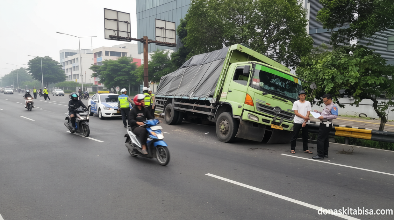 Sopir Ngantuk – Truk Muat Batu Bata Kecelakaan Tunggal di MT Haryono